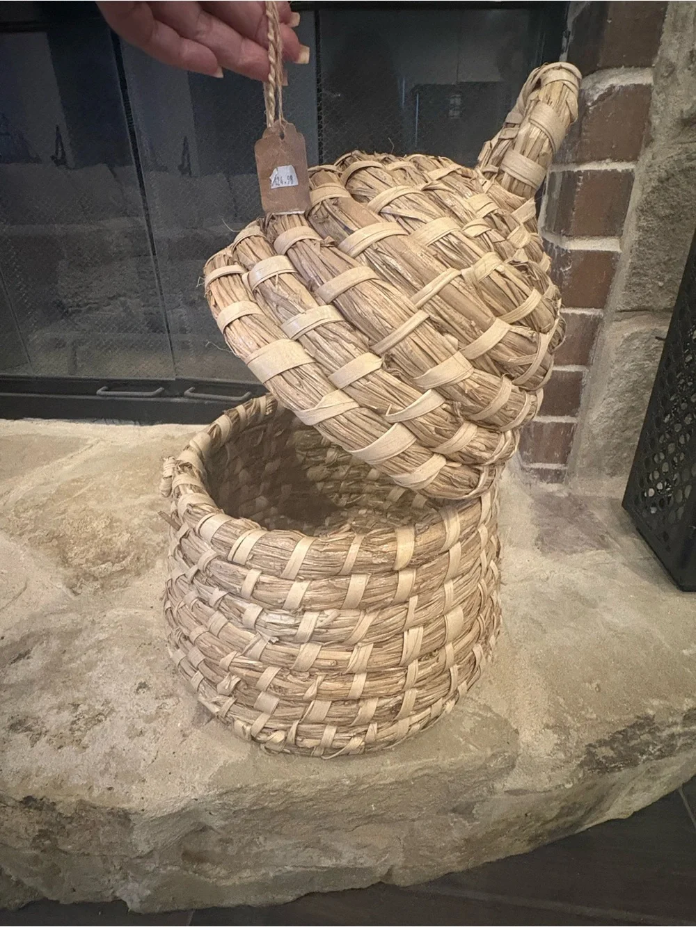 Large Rustic Woven Lidded Basket | Bee Skep Style | Boho Farmhouse Storage Decor